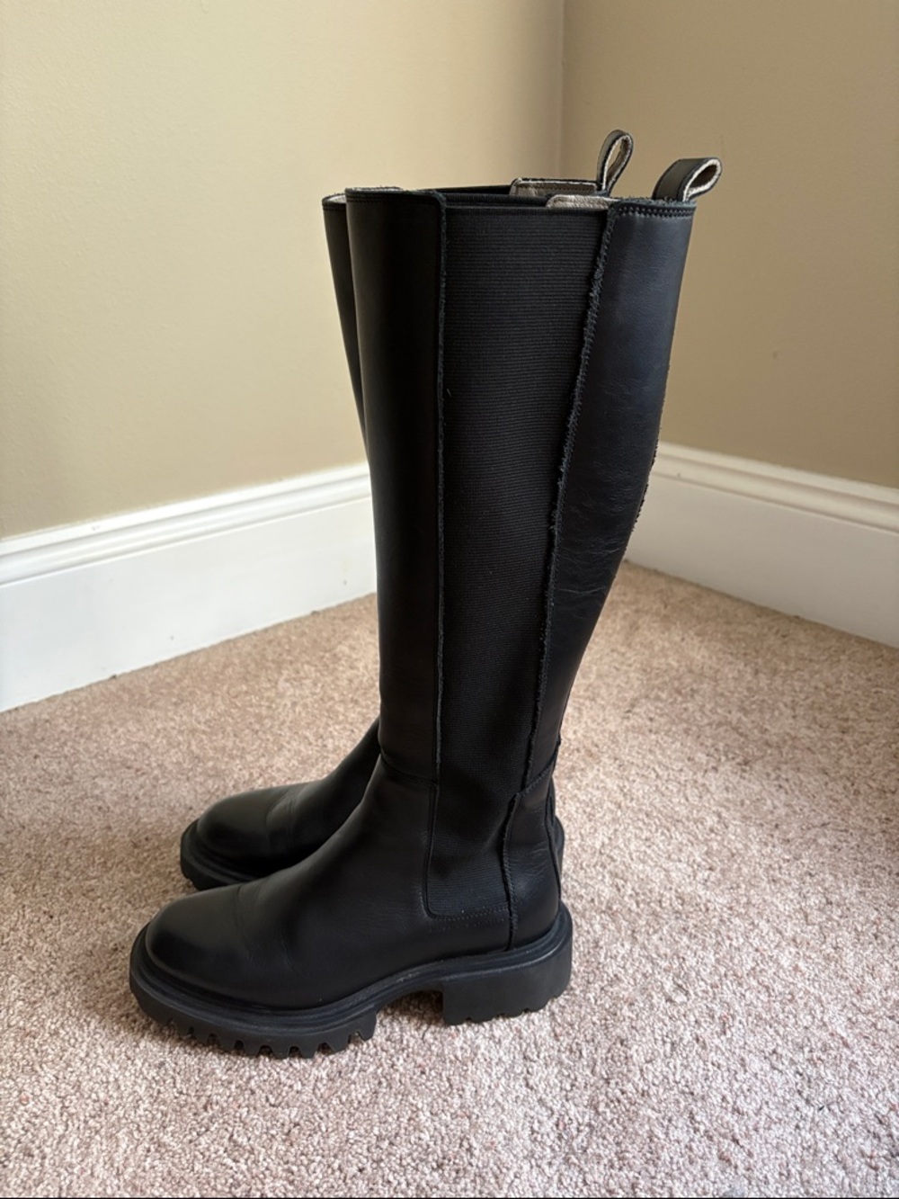AllSaints Maeve Black Leather Knee High Lug Sole Boots Size 37 designer comfy - Picture 6 of 11
